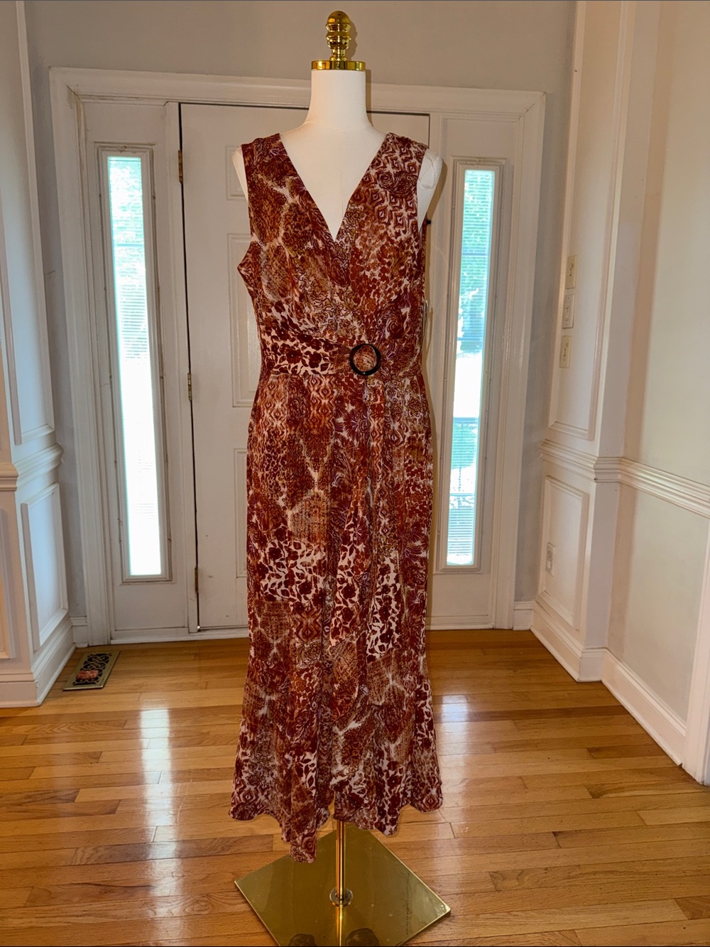 SLNY Brown Animal-Print Sleeveless V-Neck Maxi Dress with Belt